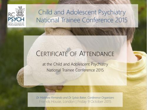 Certificate of Attendance Child and Adolescent Psychiatry 2015